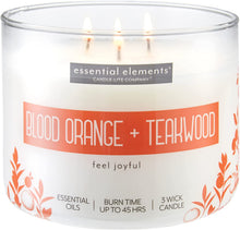 Load image into Gallery viewer, Essential Elements Blood Orange Teakwood three-wick aromatherapy candle