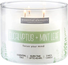 Load image into Gallery viewer, Essential Elements Eucalyptus Mint Leaf three-wick aromatherapy candle